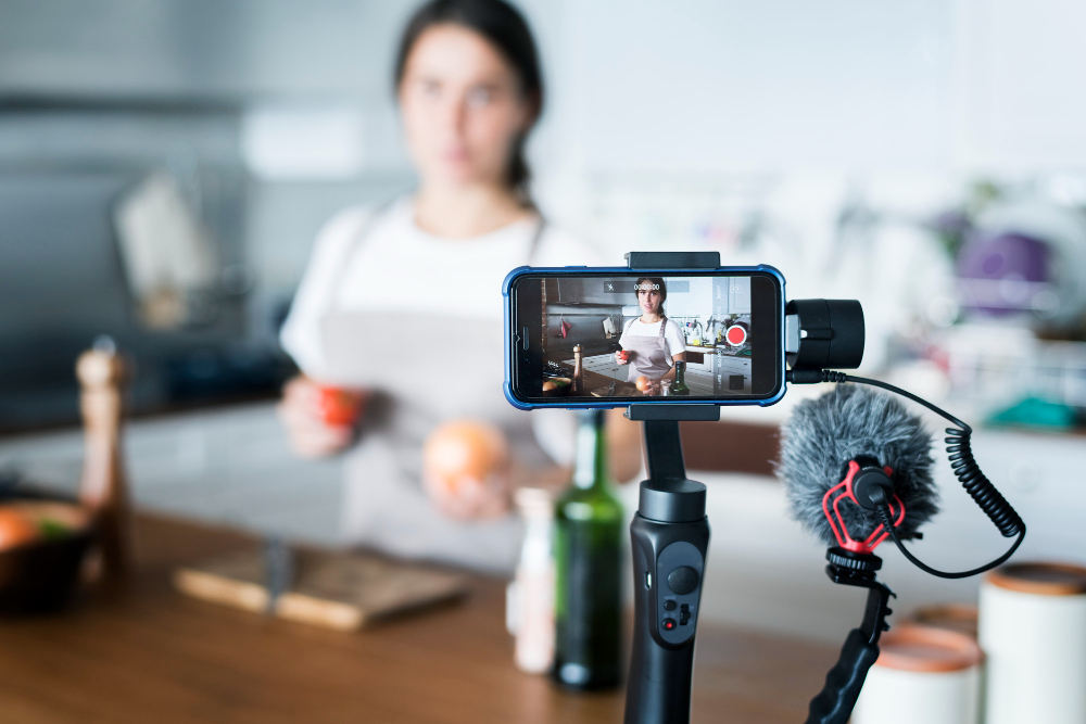 Female Vlogger Recording Cooking Related Broadcast at Home