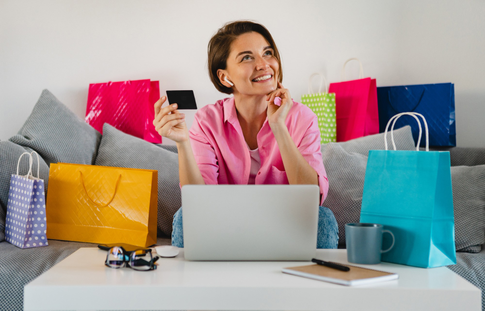 Happy Smiling Woman in Pink Shirt on Sofa at Home