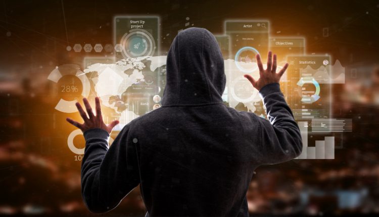 Hacker Man Holding User Interface Screens With Icons