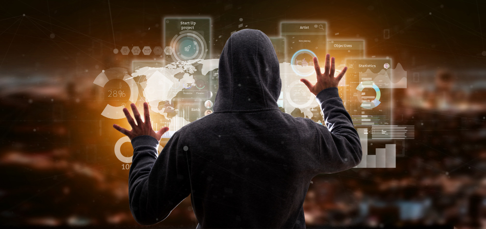 Hacker Man Holding User Interface Screens With Icons