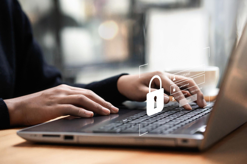 Business Man Typing on Computer Keyboard Cybersecurity